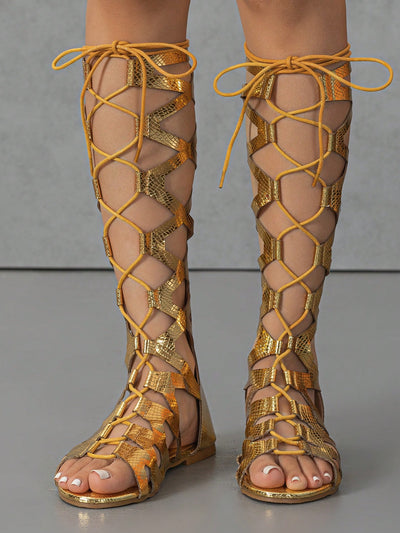 Shimmering Serpent: Metallic Snakeskin Gladiator Sandals