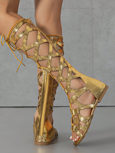 Shimmering Serpent: Metallic Snakeskin Gladiator Sandals