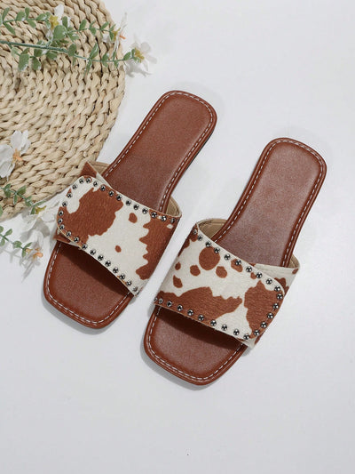 Velvet Cow Pattern Studded Flat Sandals - Trendy Outdoor Footwear