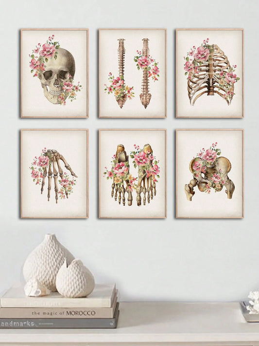 Enhance your space with our 6 piece floral skeletal bones anatomy poster set. Perfect for medical professionals and students, these unique posters bring a touch of vintage charm to any room. Display in a clinic, dorm, or home for stylish and informative wall art.