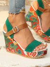 Women's Fashion Green Wedge Sandals: Stylish Floral Ankle Strap Sandals