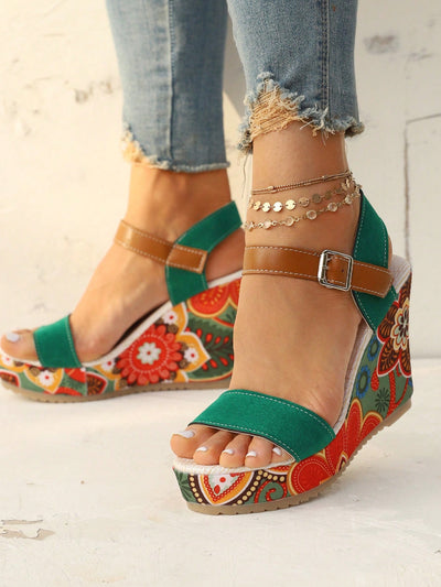 Women's Fashion Green Wedge Sandals: Stylish Floral Ankle Strap Sandals
