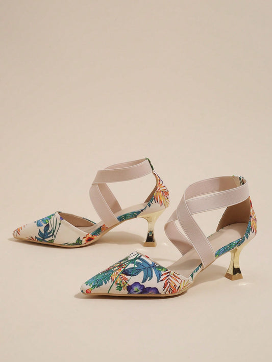 Floral Pattern Ankle Strap Pumps with Pyramid Heels - Step Up Your Style Game!