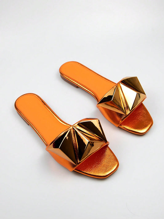 Chic and Edgy: Metallic Studded Slide Sandals in Artificial Leather