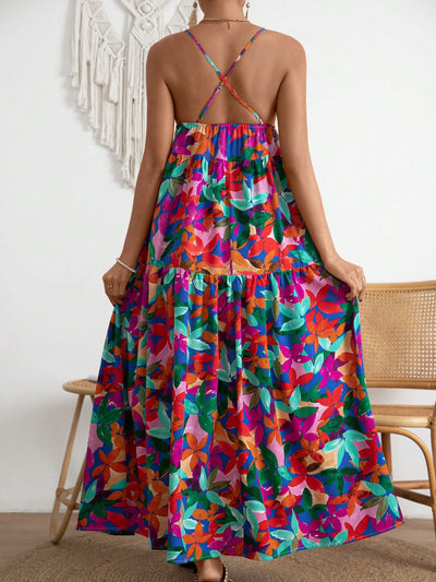 Vibrant Visions: Printed V-Neck Hollow-Out Slit Dress