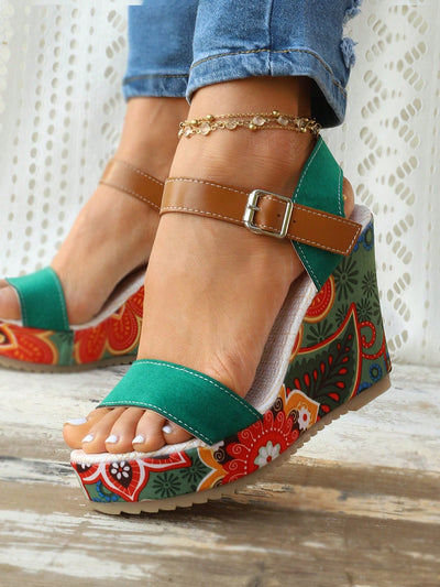 Women's Fashion Green Wedge Sandals: Stylish Floral Ankle Strap Sandals