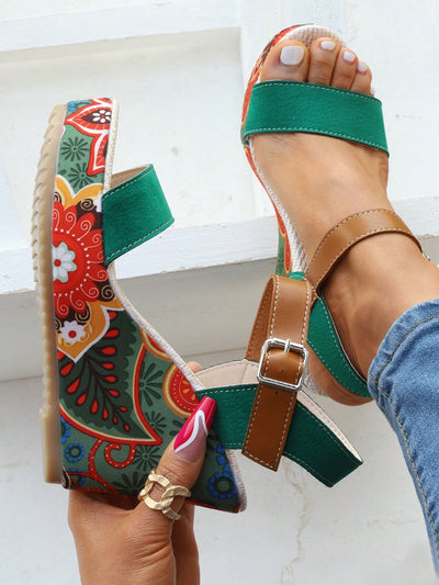 Women's Fashion Green Wedge Sandals: Stylish Floral Ankle Strap Sandals