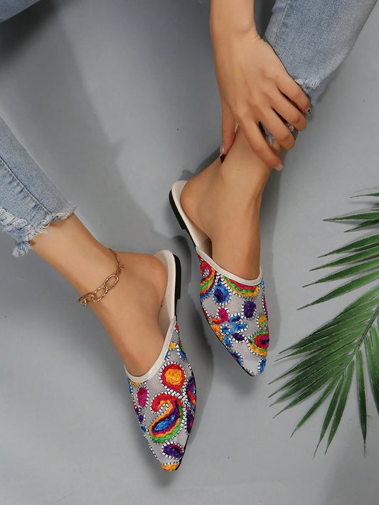 Chic Colorblock Embroidery Detail Point Toe Flat Mules for Women