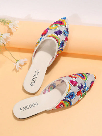 Chic Colorblock Embroidery Detail Point Toe Flat Mules for Women