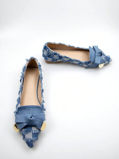 Denim Delight: Raw-Trim Bow Detail Ballet Flats for Fashionable Outdoor Style