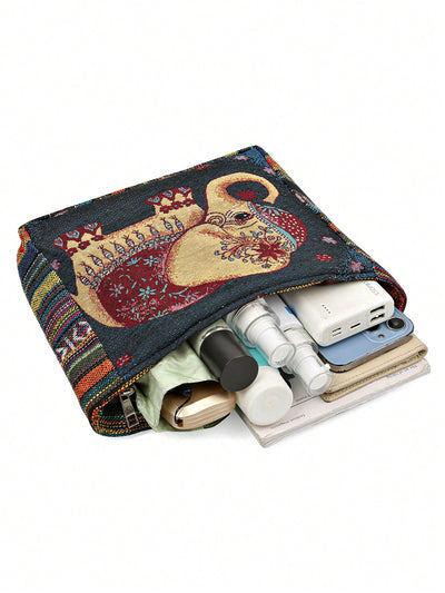 Boho Chic: Vintage Tote Bag Embroidered with Elephant Pattern - Perfect for School, Work, or Play!