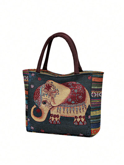 Boho Chic: Vintage Tote Bag Embroidered with Elephant Pattern - Perfect for School, Work, or Play!