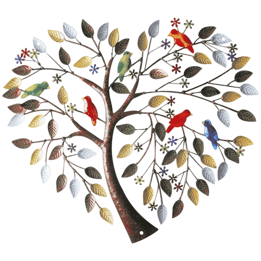 Enhance your home décor with this vibrant metal art sculpture featuring a tree of life adorned with colorful birds. Hand-painted and crafted with a 3D look, this unique wall art will bring a creative and eye-catching piece to your space.