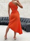 Radiant Rainbow: One-Shoulder Cut Out Waist Pleated Gradient Asymmetrical Hem Dress