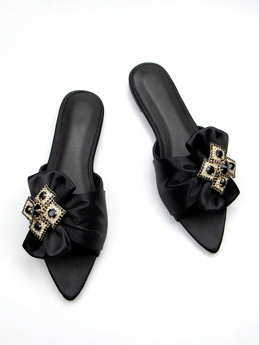 Sparkle and Shine: Satin Rhinestone Bow Slide Sandals for Women