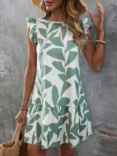 Summer Splendor: Leaf Print Ruffle Trim Smock Dress