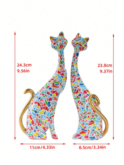 Mystical Meow: 2pcs Royal Blue Geometric Pattern Cat Shaped Decoration Craft Polyresin Creative Home Ornament