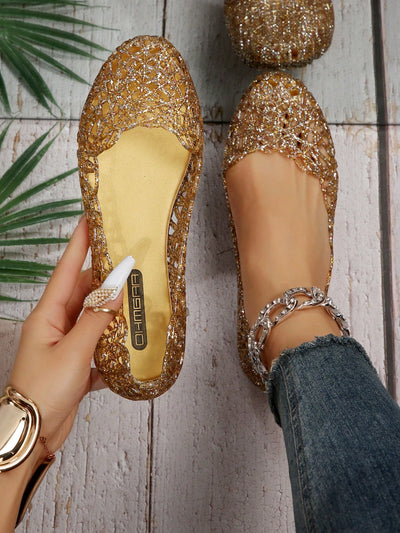 Sparkling Gold Rhinestone Ballet Flats - Add Glamour to Your Outfit!