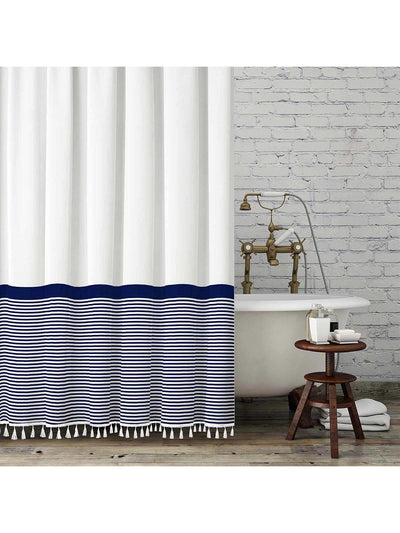 Chic Modern Farmhouse Fabric Shower Curtain with Tassels - Waterproof and Washable for Stylish Bathroom Decor