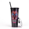 24oz Diamond Skull Halloween Double Straw Cup: Spooky and Stylish Waterproof Drink Bottle