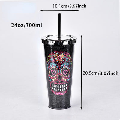 24oz Diamond Skull Halloween Double Straw Cup: Spooky and Stylish Waterproof Drink Bottle