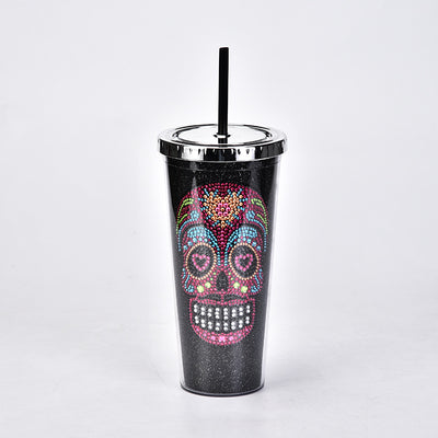 24oz Diamond Skull Halloween Double Straw Cup: Spooky and Stylish Waterproof Drink Bottle