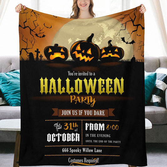 Stay warm and spooktacular with this Halloween Poster Style Print Blanket. This multi-purpose, flannel throw blanket is the perfect addition to any cozy and festive atmosphere, making it great for any seasonal gathering. Its soft and breathable fabric make it the ideal comfort blanket.