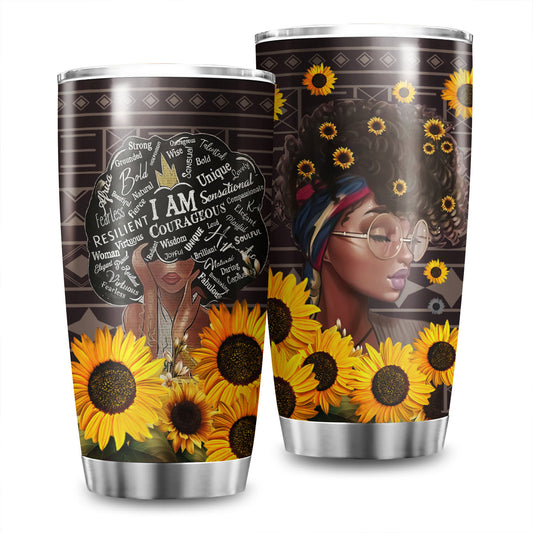 This 20oz stainless steel tumbler is ideal for keeping your hot or cold beverages at the perfect temperature for hours. Designed with a black woman and sunflower print, this stylish tumbler has double wall construction for superior insulation. For added convenience, the tumbler also includes a spill resistant lid