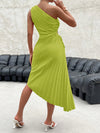 Radiant Rainbow: One-Shoulder Cut Out Waist Pleated Gradient Asymmetrical Hem Dress