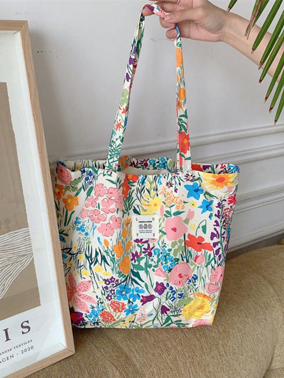 Summer Floral Bliss: Large Capacity Canvas Shoulder Bag for Beach and Shopping