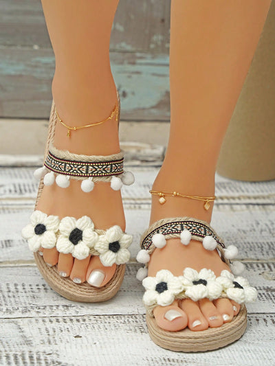 Vacation, Beach, and Beyond: Women's Flower Pompom Decor Flat Sandals