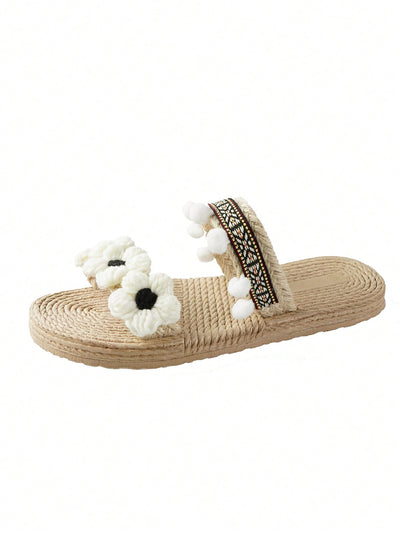 Vacation, Beach, and Beyond: Women's Flower Pompom Decor Flat Sandals