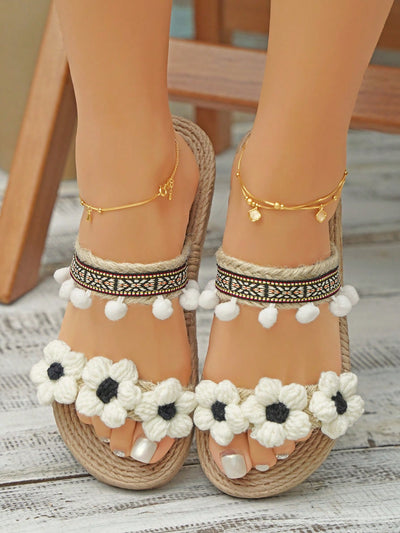 Vacation, Beach, and Beyond: Women's Flower Pompom Decor Flat Sandals