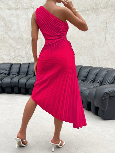 Radiant Rainbow: One-Shoulder Cut Out Waist Pleated Gradient Asymmetrical Hem Dress