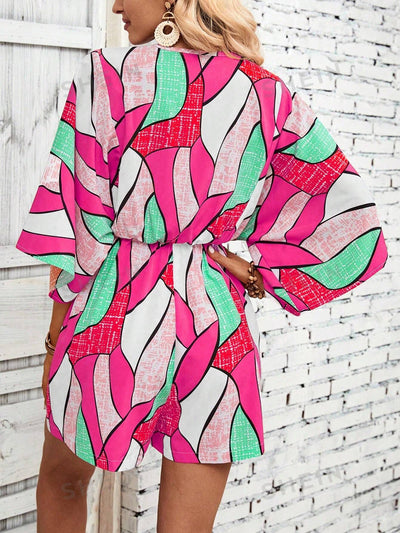 Vibrant Vacation Vibes: Allover Print Batwing Sleeve Knot Front Romper