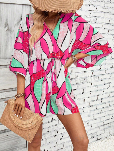 Vibrant Vacation Vibes: Allover Print Batwing Sleeve Knot Front Romper