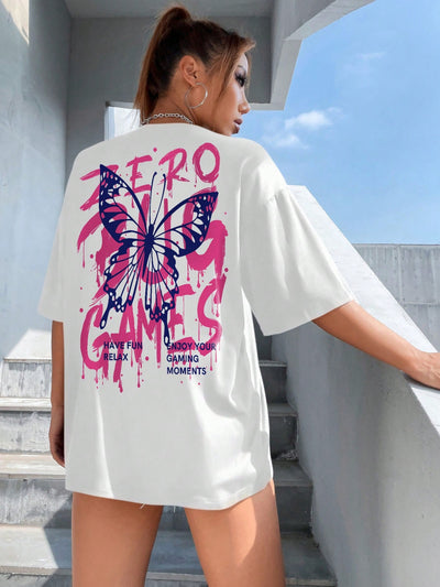 Fluttering in Style: Butterfly Slogan Graphic Drop Shoulder Oversized Tee