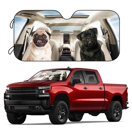 This Pug-Heat car windshield sun shade protects your vehicle against the heat of the sun's rays, keeping it up to 17°F cooler inside. Its perfect fit accommodates most SUVs and trucks, coming with 4 free suction cups for easy installation. Keep your car cool while maintaining the safety of your interior.