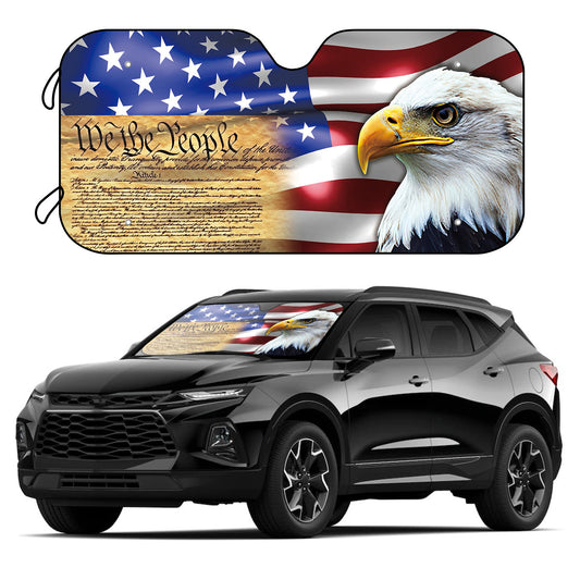 Show off your USA pride and protect your vehicle with this American Flag Eagle Sun Shade. Its lightweight nylon fabric blocks up to 98.5% of UV rays to help keep your car cool and protected from the sun's harmful rays. Comes with 4 free suction cups for quick and easy installation.