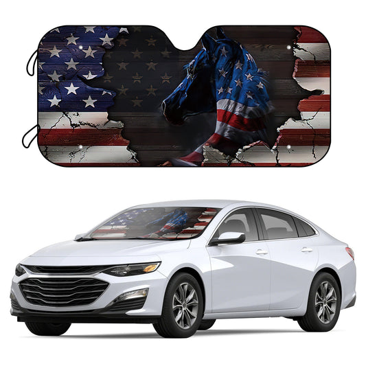 Stay cool and protect your vehicle's interior from UV rays with this USA Art Flag Horse Foldable Car Windshield Sun Shade. The sun shade is made from special reflective material that blocks up to 95% of UV rays and comes with 4 free suction cups for easy installation and removal.