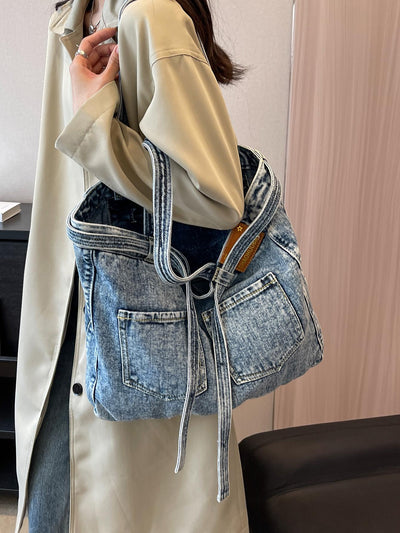 Chic Denim Large Shoulder Tote Bag with Letter Embroidery and Dual Pockets