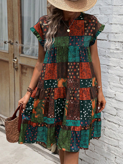 Boho Chic Patchwork Print Batwing Sleeve Dress