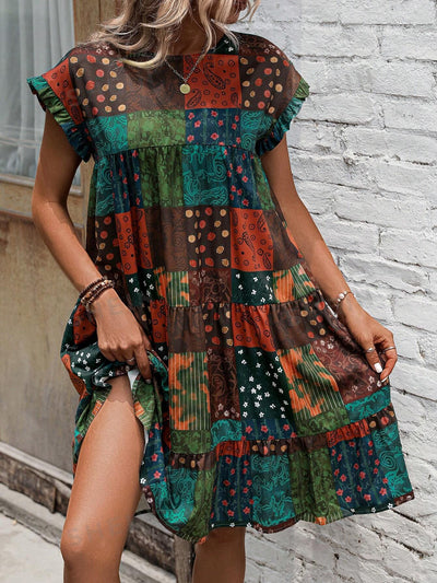 Boho Chic Patchwork Print Batwing Sleeve Dress