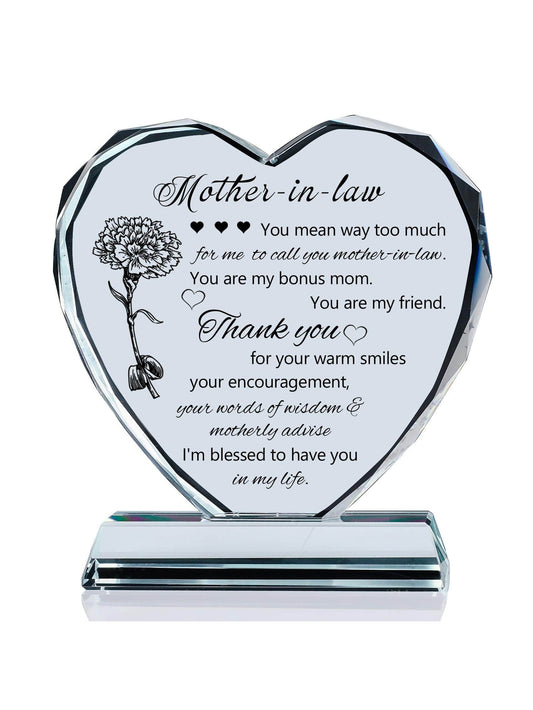 This beautifully engraved heart-shaped glass keepsake is a unique way to show your mother-in-law how much she means to you. With its elegant design and personalized message, it's a thoughtful and meaningful <a href="https://canaryhouze.com/collections/ornaments" target="_blank" rel="noopener">gift</a> that she will cherish for years to come. Perfect for birthdays, holidays, or just because.
