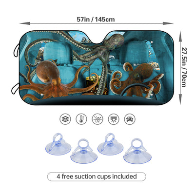 Ocean Adventure Windshield Sunshade: Octopus, Turtle, and Fish Design with 4 Free Suction Cups - Ultimate UV Block for Car Front Window