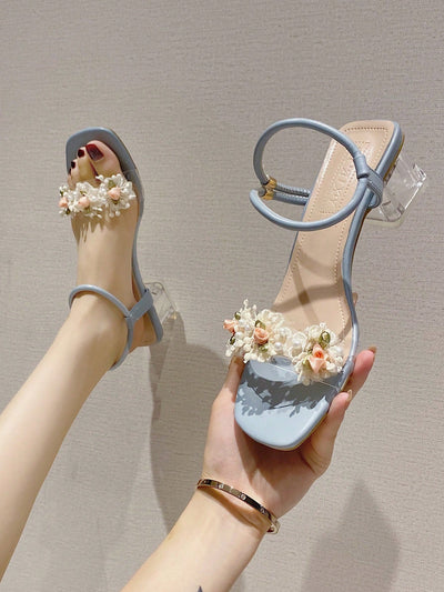 Sparkling Flower Rhinestone Chunky Heel Sandals: Step into Spring with Style