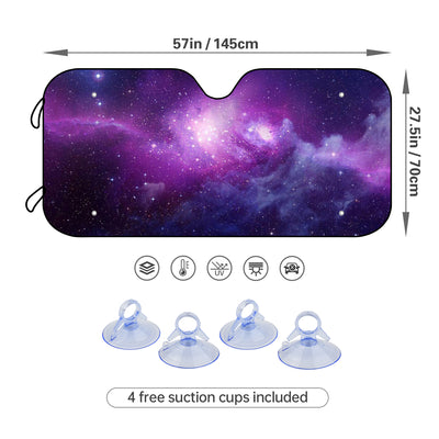 Galaxy Space Car Windshield Sun Shade - Protect Your Car from UV Rays and Heat with Purple Nebula Stars Design - Includes 4 Free Suction Cups - Foldable for Easy Storage