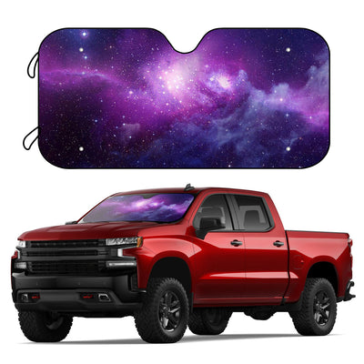 Block the sun's harsh UV rays and heat with this foldable purple nebula stars windshield sun shade. It includes 4 free suction cups for secure installation and is made from breathable fabric for maximum heat protection. Keep your car cool and protected with this stylish space design accessory!