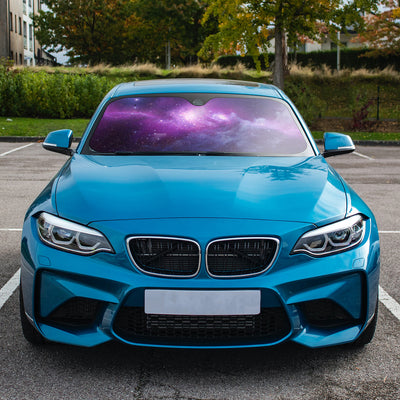 Galaxy Space Car Windshield Sun Shade - Protect Your Car from UV Rays and Heat with Purple Nebula Stars Design - Includes 4 Free Suction Cups - Foldable for Easy Storage