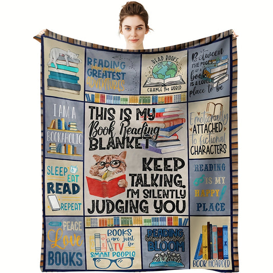 This soft, plush reading blanket allows you to immerse yourself in your favorite book wherever you go. The printed design of a cartoon kitty on a bookshelf is sure to delight your loved ones. The perfect size for bed, couch, sofa, travel, or camping, this gift is sure to provide hours of comfort.